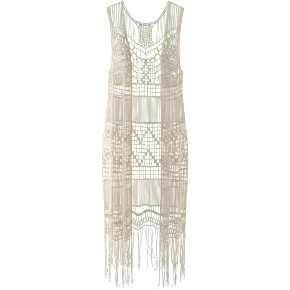 Crochet Duster Vest Women M/L Boho Fringe Longline Open Front Cream Western